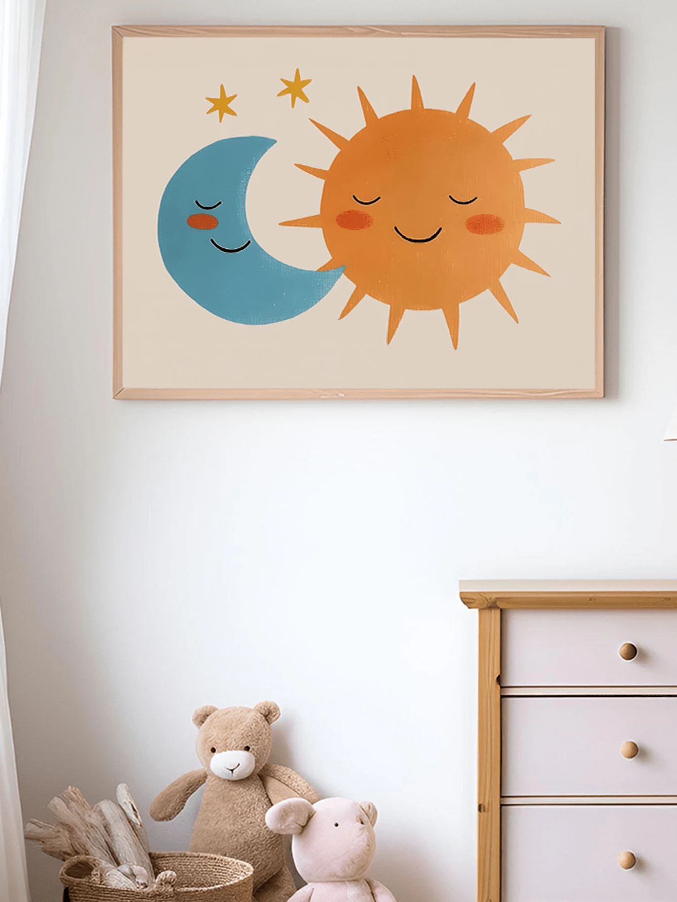 1pc Canvas Wall Art, Framed Children's Room Wall Art, Smiling Sun And Sleeping Moon Design, Cute Children's Room Wall Decor, Soft Color Tone Kids Room Decor, Lovely Starry Sky Theme, Children's Room Decor, Playroom Poster, Preschool Decor, Nursery Decor, Planet Poster, Kids Gift, Party Decor, Waterproof, Comfortable Decorative Art - Multicolor - View 1