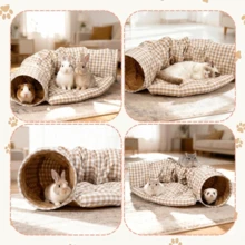 48-Inch Bunny Tunnel Bed, 2-In-1 Large Adult Pet Hideout, Extra Long Collapsible Play Tube, Removable Washable Mat, Grid Pattern, Space-Saving Pop-Up, Indoor Rabbits, Cats, Guinea Pigs, Ferrets, Interactive Boredom Breaker, Activity Center, Gift - 黃色 - 查看 8