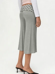 Women's Y2k Fold Over Waist Yoga Capri Pants Fashion Casual Solid Color/Striped/Polka Dot Stretchy Low Rise Wide Leg Crop Pants Light Weight Comfy Lounge Capri Pants - 深灰色 - 查看 3