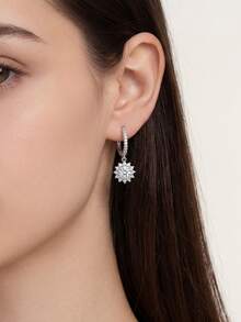 S925 Sterling Silver Sunflower & Snowflake Zirconia Hoop Earrings, Cubic Zirconia Pendant Earrings, Hypoallergenic Jewelry Gift Box - White Gold - View 6