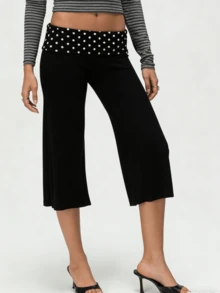 Women's Y2k Fold Over Waist Yoga Capri Pants Fashion Casual Solid Color/Striped/Polka Dot Stretchy Low Rise Wide Leg Crop Pants Light Weight Comfy Lounge Capri Pants - 白色 - 查看 4
