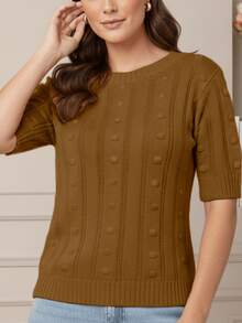 Women's Short-Sleeve Ribbed Knit Blouse, Basic, Casual, Elegant - Madera - Ver 5