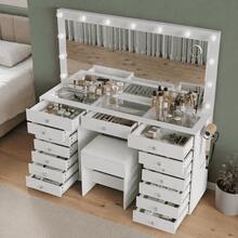 Yanosaku 55" W Vanity Desk With Lighted Mirror, Makeup Vanity Featuring Charging Station, 15 Drawers, 3 Lighting Modes & Adjustable Brightness, Glass Top, Includes Chair For Bedroom - 查看 2