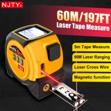 NJTY 1pc Digital Tape Measure W/ Cross Laser Level Line 3 In 1, 5m Tape + 40m/60m Laser Distance Meter, W/ Belt Buckle And Magnetic, Auto Lock, Measures M/In/Ft/Ft+In, LCD, Pythagorean Theorem, Area, Volume For Construction, DIY, Woodworker. - Yellow - View 3