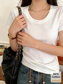 Women's Short Sleeve T-Shirt, Versatile Slim Fit Solid Color Casual Tee White Summer - White - View 2