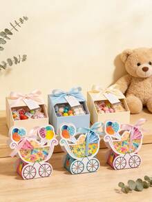 12pcs Cartoon Baby Stroller Shaped Gift Boxes, Thickened Cardboard With Ribbon Decor, Suitable For Newborn Welcoming Party, Gender Reveal Party - Multicolor - View 6