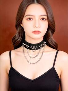 一件式朋克黑色PU皮革短款颈链项链 女士哥特风链条吊坠项链 时尚首饰配饰 - 黑色 - 查看 6
