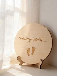 1 pieza Placa de madera redonda con huella de bebé para cuenta regresiva, tema de llegada de recién nacido, accesorio para fotografía de embarazo, adecuado para baby shower, anuncio de embarazo, decoración fotográfica - Multicolor - Ver 2