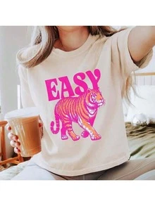 Easy Tiger Shirt, Di Tiger Boxy , Vintage Tigers Crop Top, Easy Tiger , Retro Tiger , Easy Tiger T-Shirtcotton220g High-Quality Pure Vintage Cotton T-Shirt Summer Outfits For Women Graphic Tees With Minimalist Printing, Soft And Breathable Fabric, Comfortable And Loose, Suitable For All Day Wear, Suitable For Office Casual Wear, Spring And Summer Daily Appearance, Elegant And Youthful Design-Unisex Summer Casual Vintage Cotton Printed T-Shirts For Couples - 白色 - 查看 17
