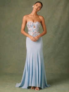 Slim-Fit Advanced Sense, Water Blue Hand-Sewn Flowers Gathered, Thickened And Shaped Chest-Showing Large Long Skirt, Mesh Perspective Suspender Long Dress Skirt - Màu xanh lam - Xem 3