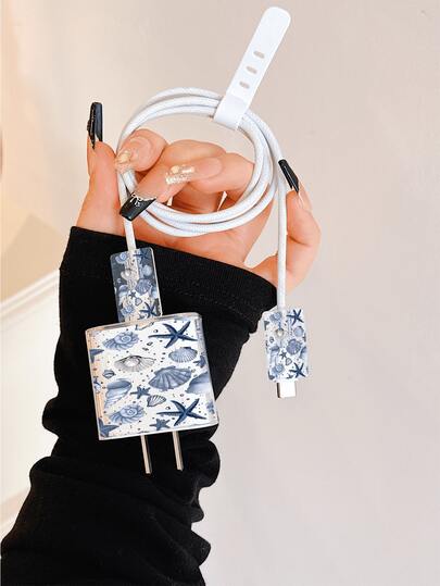 贝壳和海星图案充电线保护套，兼容20W苹果充电器，简约苹果充电器保护套，适用于20W 15/16 Pro Max充电线，防刮耐磨，也适用于13/14 Plus/17/16 PROMAX