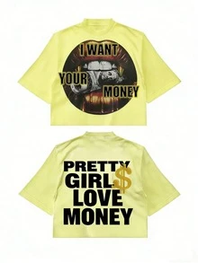 Fly "I Want Your Money" Hip-Hop Flow T-Shirt Pure Cotton Double-Sided Printed T-Shirt, Suitable For Men And Women,Top Pick Gift For Summer Casual Tees - 黃色 - 查看 16