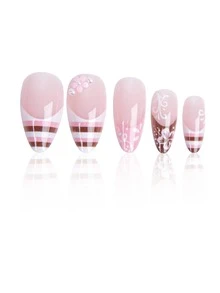 24片装条纹法式中号杏仁形假指甲套装，粉色夏威夷印花，复古棕色条纹，3D珍珠花朵和星星装饰，Y2K风格按压式美甲，完美夏季度假之选 - 淺粉色 - 查看 3