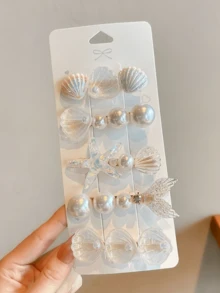 5个白色海星贝壳美人鱼尾巴发夹，海洋假日鳄鱼夹，美人鱼珍珠浪漫发夹，适合日常、夏季、旅行、头部配饰 - 白色 - 查看 1
