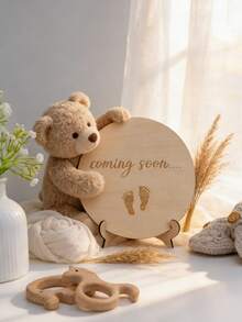 1 pieza Placa de madera redonda con huella de bebé para cuenta regresiva, tema de llegada de recién nacido, accesorio para fotografía de embarazo, adecuado para baby shower, anuncio de embarazo, decoración fotográfica - Multicolor - Ver 7