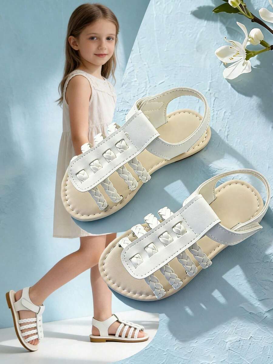1 Pair Fashion Children's Sandals, White Girls' Flat Sandals, Hook And Loop Design Easy To Wear And Take Off, Soft Non-Slip Sole, Suitable For Banquets, Gatherings, Parties, Weddings, Vacations - White - View 1
