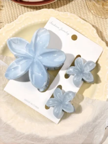 3 Piecesset, Spring/Summer Bohemian Style, Blue-Gray Gradient Marble Pattern, Large And Small Frangipani Combination Hair Claws, Beach Vacation Style, Bangs And Broken Hair Organizing Hair Accessories - Marble Blue Gray - View 1