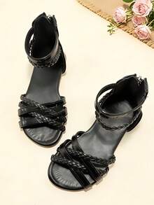 1双时尚儿童凉鞋，黑色女童平底凉鞋，后拉链设计，柔软防滑鞋底，适合夏季郊游、宴会、派对、度假等场合。 - 黑色 - 查看 6