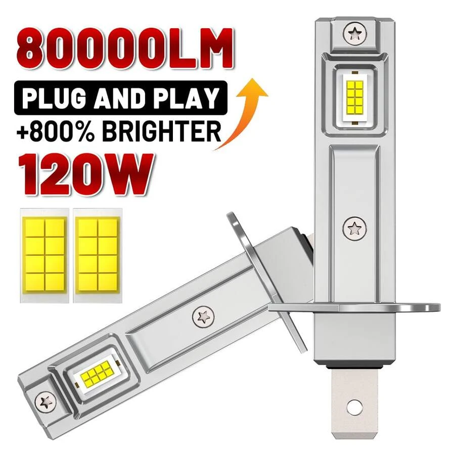 2 bóng đèn pha LED H1 cho xe hơi, đèn sương mù CANBUS, công suất 120W, 80000LM, đèn pha mini tự động, chip CSP, công suất cao, 12V, độ sáng tăng thêm +800%. - A - Xem 1