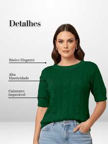 Women's Short-Sleeve Ribbed Knit Blouse, Basic, Casual, Elegant - Verde - Ver 2