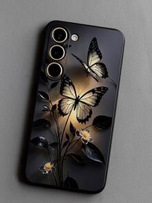 1 pieza Funda de teléfono negra con diseño de flor de crisantemo pequeña y mariposa de la suerte, antideslizante y a prueba de caídas, compatible con Galaxy A04e/A05s/A13/A14/A15/A34/A35/A50/A52/A53/A54/S21/S22/S23/S24/S25/S25Ultra. Esto es una imagen 2D, no 3D. - Negro - Ver 5