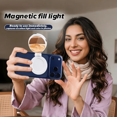 1 pieza Espejo LED ajustable de 6cm con 3 colores, con cable USB y espejo, espejo de vanidad portátil magnético y redondo moderno, adecuado para espejo de baño y iluminación ambiental