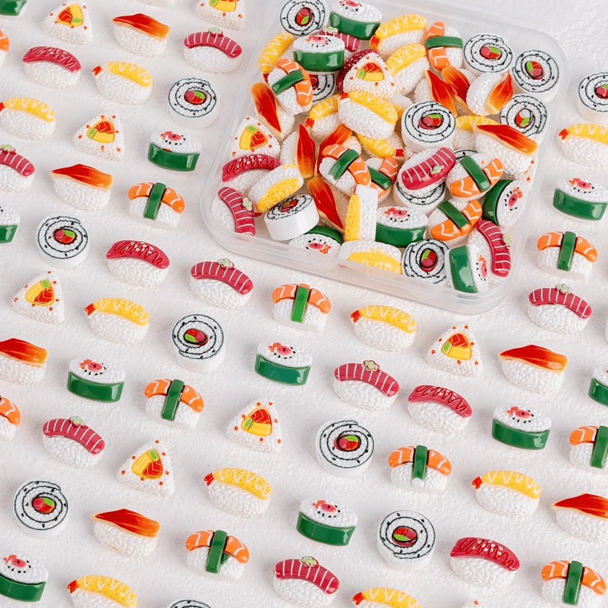10/15/20pcs Cute Simulated Sushi, Rice Balls Various Shapes Cartoon Design Resin Charms For DIY Crafts - Assorted Miniature Embellishments For Hair Accessories, Hair Clip Decoration, Keychains, Phone Cases, Scrapbooking, Diy Jewelry Making,DIY Resin Pendant,Cup & Shoe Decor - Kawaii Sushi Theme - View 1