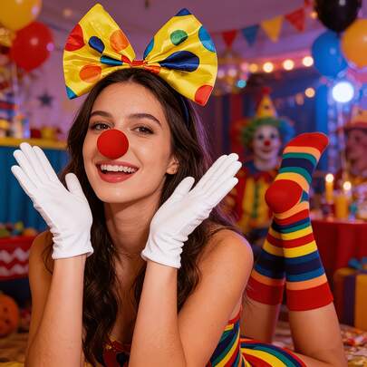 小丑服装配饰套装，男女通用，包含头箍、假鼻子，适合万圣节、狂欢节、马戏团、主题派对、角色扮演、音乐节、嘉年华等场合。