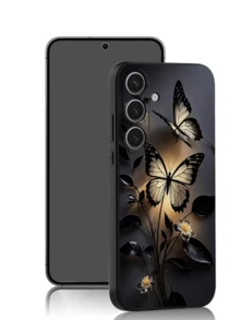 1 pieza Funda de teléfono negra con diseño de flor de crisantemo pequeña y mariposa de la suerte, antideslizante y a prueba de caídas, compatible con Galaxy A04e/A05s/A13/A14/A15/A34/A35/A50/A52/A53/A54/S21/S22/S23/S24/S25/S25Ultra. Esto es una imagen 2D, no 3D. - Negro - Ver 2