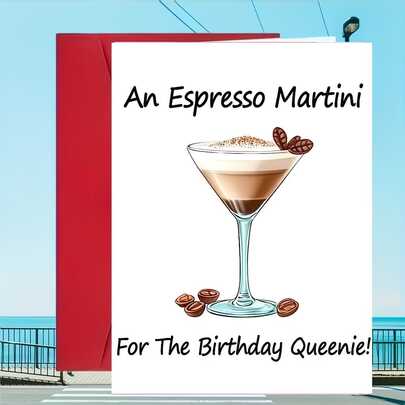 A Humorous Espresso Martini Birthday Card - Featuring A Design Of "Espresso Martini For The Birthday Queen" With Coffee Beans And Cream Patterns, Making It The Perfect Gift For Family, Friends, And Loved Ones