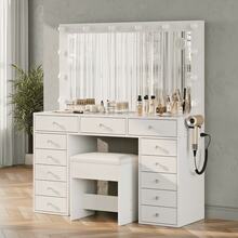 Yanosaku Makeup Vanity Desk With Charging Station, 13 Drawers Vanity With Glass Top & 12 LED Bulbs, HD Mirror With 3-Color Lighting, Vanity Set For Bedroom, White - 查看 2