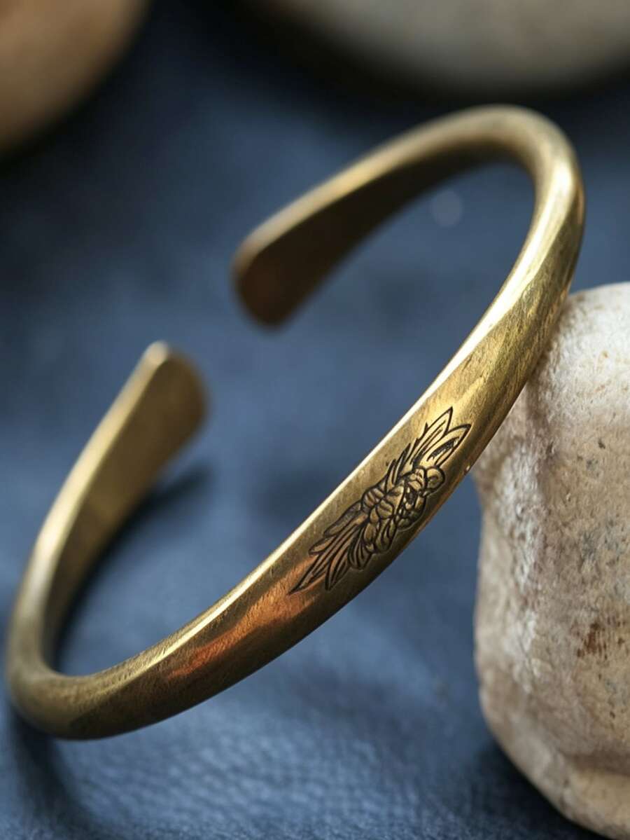 1pc Vintage Carved Lotus Design Bracelet, Unisex Classic Jewelry, With Elegant Charm And Street Casual Style Men's Cuff, Women's Wristband, Suitable For Daily Wear Party Gift - Open Bracelet - View 1