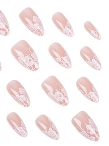 24pcs Summer Fresh Nude Almond-Shaped False Nails Set, Elegant White Floral Pattern, Minimalist Scandinavian Style Glossy Solid Color French Manicure Stickers, Suitable For Daily Wear - White - View 2