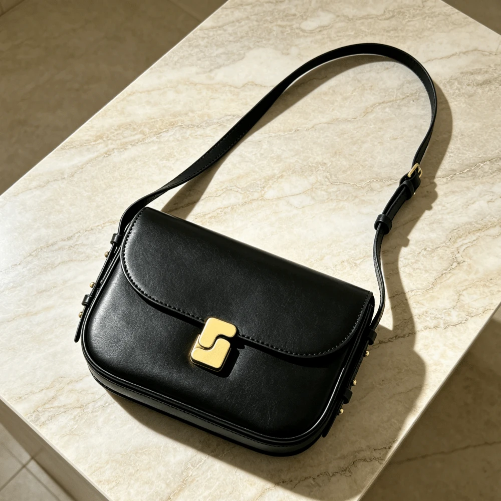 Niche Design Women's Bag, Top-Layer Cowhide Small Square Bag, High-Grade Textured Tofu Bag, Shoulder And Crossbody Bag, Women's Bag, Handbag, Women's Handbags, Women's Bags, Shoulder Bags For Women, Women's Tote Bags XC - 經典黑色 - 查看 1