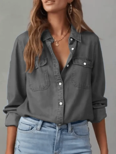 Áo sơ mi denim màu trơn, kiểu dáng thời trang mới, thích hợp cho đi học, đi nghỉ mát, mặc hàng ngày và mọi mùa.