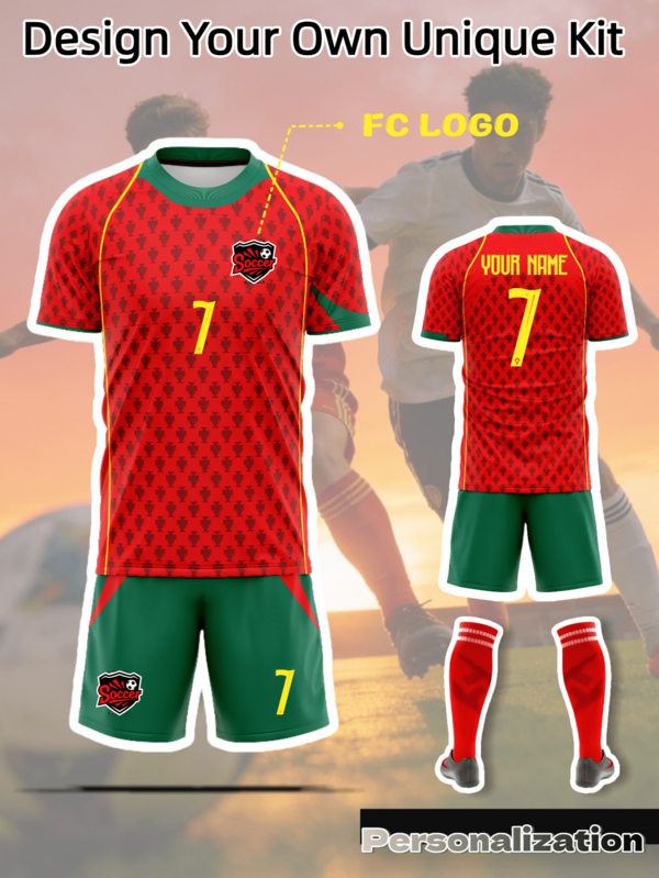 2pcs/Set Customized Portugal Home Retro Soccer Jersey And Shorts Set, Can Customize Logo, Name And Number, Red And Green Portugal Team Uniform, Suitable For Soccer, Basketball, Volleyball Matches, Training And Daily Wear