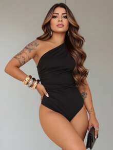 Women's One-Shoulder Black Bodysuit With Ruched Elastic - Fashion Blogger Style - Party/Casual - màu đen - Xem 1