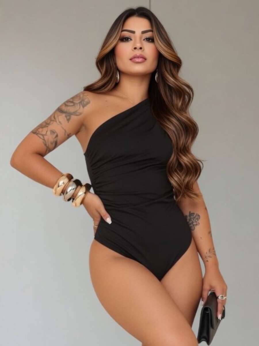 Women's One-Shoulder Black Bodysuit With Ruched Elastic - Fashion Blogger Style - Party/Casual - màu đen - Xem 1