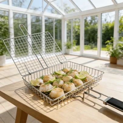 1/2pcs Stainless Steel Barbecue Grill Basket With Detachable Handle - Portable Grill Basket For Vegetables, Shrimp, Fish, Steak, Camping, Dishwasher