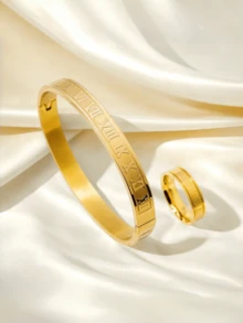Bộ 2 món vòng tay và nhẫn số La Mã mạ vàng sang trọng, chất liệu thép titan cao cấp không phai màu, thiết kế độc đáo, phụ kiện thời trang công sở, bộ trang sức đôi unisex. - Bộ 2 chữ số La Mã - Xem 10
