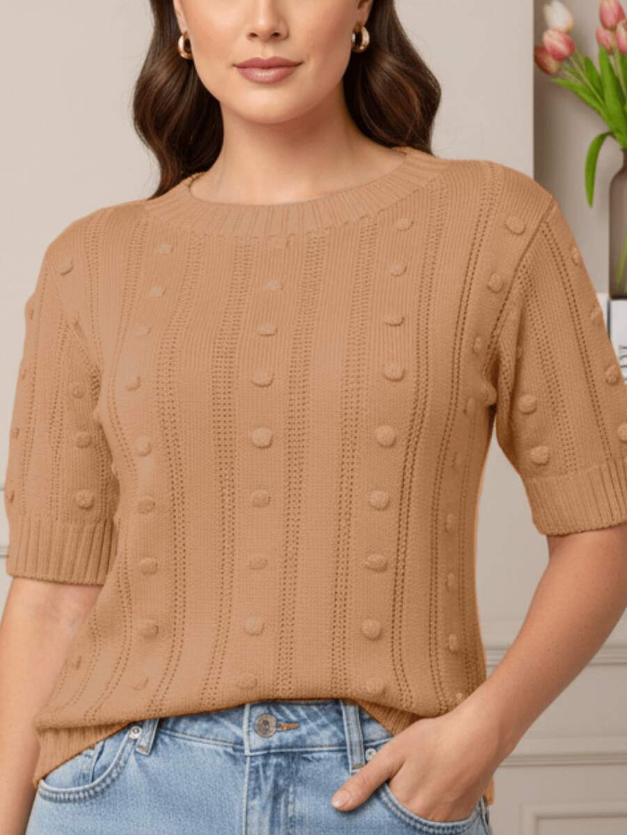 Women's Short-Sleeve Ribbed Knit Blouse, Basic, Casual, Elegant - Nuevo Beige - Ver 1