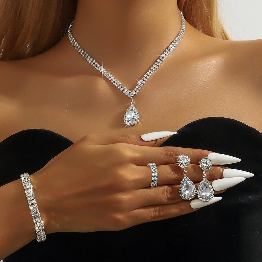 Bộ 4 món trang sức đính đá bạc, gồm dây chuyền, bông tai, vòng tay và 2 chiếc khuyên co giãn, phụ kiện cưới, quà tặng dự tiệc và ngày lễ. - Bạc - Xem 1