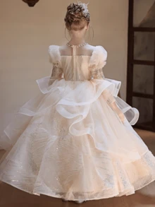 Champagne Beaded Lace Flower Girl Dress, Sheer Neck Puff Long Sleeve Ball Gown With Iridescent Glitter Tulle & Layered Ruffle Skirt, Elegant Kids Formal Dress For Wedding, Junior Bridesmaid Dress For Spring Winter Party, Communion & Pageant - 香檳色 - 查看 2
