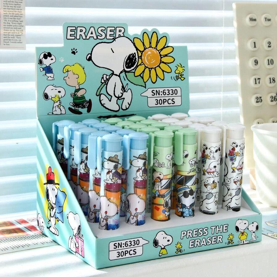SNOOPY 1/3支史努比卡通造型按压式橡皮擦，铅笔造型，低粉尘，美观大方，清洁无残留，返校必备 - 彩色 - 查看 1
