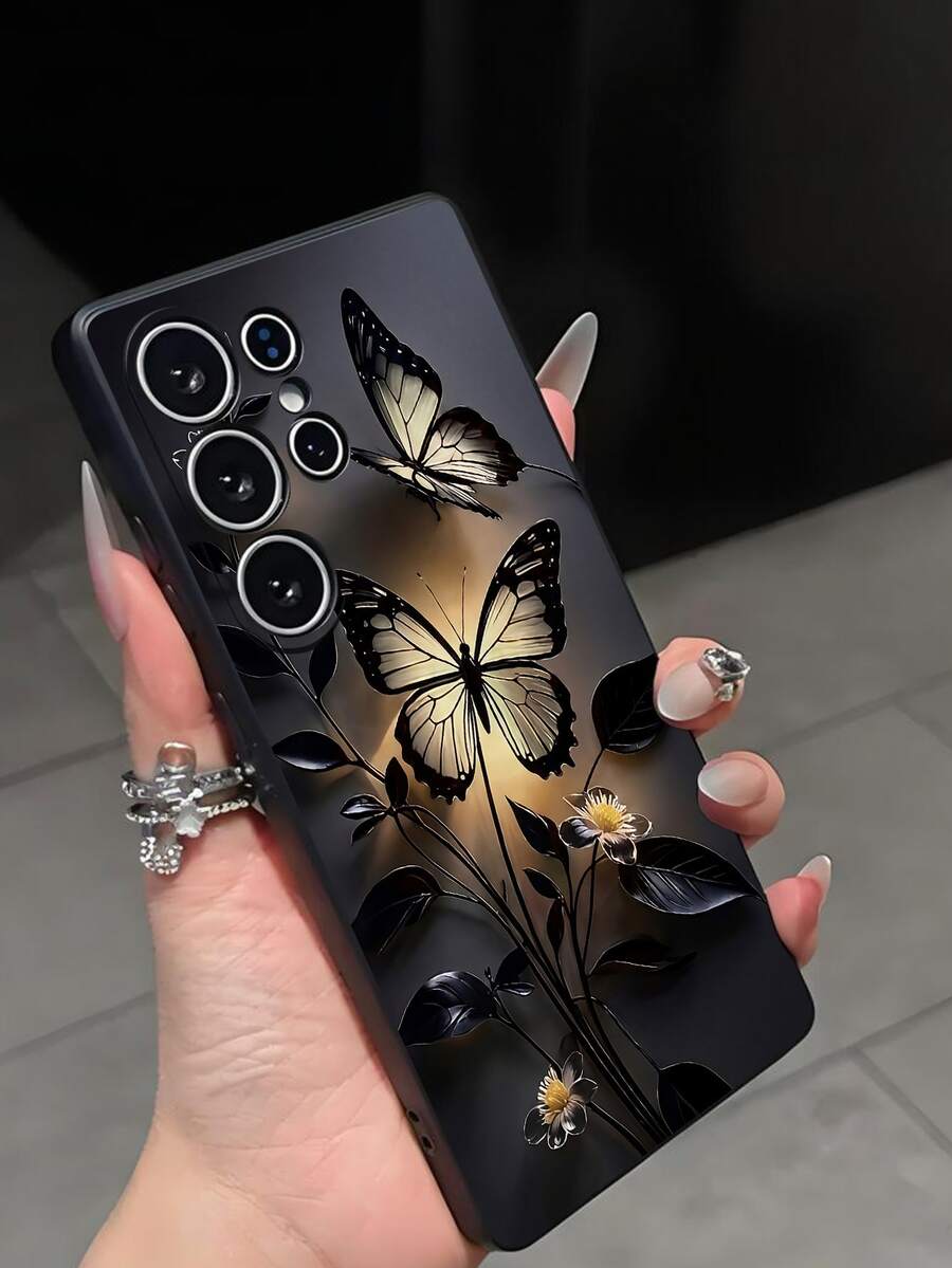 1 pieza Funda de teléfono negra con diseño de flor de crisantemo pequeña y mariposa de la suerte, antideslizante y a prueba de caídas, compatible con Galaxy A04e/A05s/A13/A14/A15/A34/A35/A50/A52/A53/A54/S21/S22/S23/S24/S25/S25Ultra. Esto es una imagen 2D, no 3D. - Negro - Ver 1