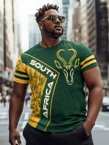 Plus Size Men's 3D Print South Africa Pattern T-Shirt - Green Yellow Round Neck Casual Short Sleeve, Rhinoceros & Design, Machine Washable Regular Fit - Multicolor - View 1