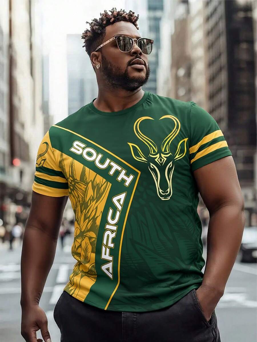 Plus Size Men's 3D Print South Africa Pattern T-Shirt - Green Yellow Round Neck Casual Short Sleeve, Rhinoceros & Design, Machine Washable Regular Fit - Multicolor - View 1