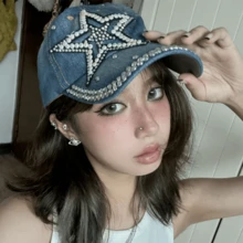 Mũ lưỡi trai phong cách Kpop Y2K màu xanh dương, mũ thời trang hip hop, quà tặng sinh nhật cho cặp đôi, mũ nữ, mũ lưỡi trai đính ngọc trai giả và đá ngôi sao. - Màu xanh lam - Xem 10