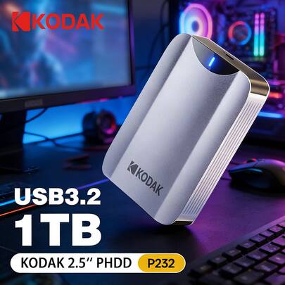 New Kodak Portable Hard Drive P232 1TB USB 3.0 Mobile HDD External Hard Disk Perfect Compatible With PS4/PS5 Xbox Mac PC High-Speed 5Gbps Game 500GB Flash Storage 5400 RPM