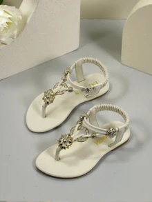 Dép xăng đan mũi Pháp cho bé gái, giày công chúa đính kim cương cho trẻ em, dép đi biển đế mềm cho bé gái, mùa hè. - Màu be - Xem 9